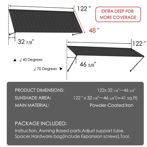 Kozyard 122 inch metal awning dimensions showing a 10 FT wide outdoor canopy with adjustable projection from 32 7/8 to 46 5/8 inches and an extra deep 48 inch roof panel. Powder coated iron construction provides durable exterior coverage for doors and windows. Ideal for wall mounted metal awnings, outdoor rain canopies, commercial storefront awnings, patio sun shades, and residential entrance protection.