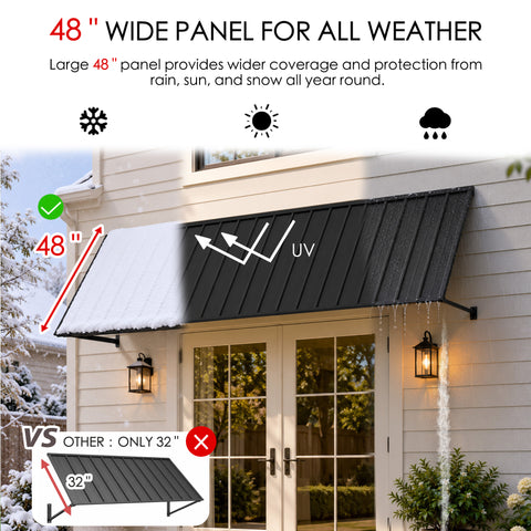 Kozyard adjustable metal awning features four positioning levels with spring button locking support arms for customized shade coverage. The wall mounted outdoor canopy allows users to adjust the roof angle to suit different sunlight conditions and exterior installation needs. Ideal for adjustable window awnings, metal door canopies, outdoor sun shades, storefront entrance covers, patio awnings, and residential rain protection.