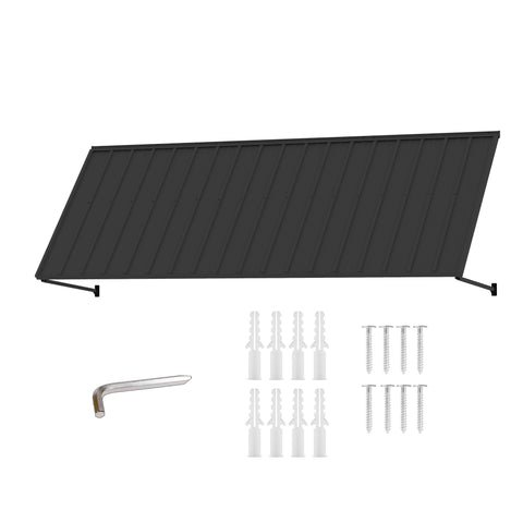 Kozyard 122inch outdoor metal awning shown with a sloped roof panel, adjustable support arms, wall mounting brackets, expansion anchors, screws, and installation tool. This 9 FT wall mounted metal canopy is designed for exterior door and window coverage with durable roof construction. Ideal for outdoor door awnings, commercial storefront canopies, patio sun shades, window rain covers, and residential entrance protection.