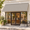 Kozyard 122 inch metal awning installed above a commercial storefront entrance, featuring a durable wall mounted outdoor canopy with an extra deep roof panel and adjustable support arms. This 10 FT metal door awning provides sun shade and rain protection for entryways, windows, patios, and business entrances. Ideal for commercial storefront awnings, exterior door canopies, and residential outdoor shade solutions.