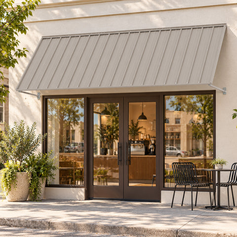 Kozyard 122 inch metal awning installed above a commercial storefront entrance, featuring a durable wall mounted outdoor canopy with an extra deep roof panel and adjustable support arms. This 10 FT metal door awning provides sun shade and rain protection for entryways, windows, patios, and business entrances. Ideal for commercial storefront awnings, exterior door canopies, and residential outdoor shade solutions.
