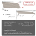 Kozyard 122 inch metal awning dimensions showing a 10 FT wide outdoor canopy with a 48 inch deep roof panel and adjustable projection from 32 7/8 to 46 5/8 inches. Features powder coated iron construction, adjustable mounting angles from 40 to 70 degrees, and approximately 41 square feet of shade coverage. Ideal for wall mounted door awnings, window canopies, patio covers, and commercial entrance protection.