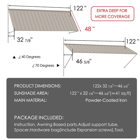 Kozyard 122 inch metal awning dimensions showing a 10 FT wide outdoor canopy with a 48 inch deep roof panel and adjustable projection from 32 7/8 to 46 5/8 inches. Features powder coated iron construction, adjustable mounting angles from 40 to 70 degrees, and approximately 41 square feet of shade coverage. Ideal for wall mounted door awnings, window canopies, patio covers, and commercial entrance protection.