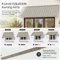 Kozyard 122 inch adjustable metal awning featuring four level adjustable support arms with a spring button locking mechanism for customized shade coverage. Easily change the awning angle to control sunlight exposure and outdoor protection. This wall mounted metal canopy is ideal for patio doors, windows, residential entryways, commercial storefronts, and outdoor sun shade applications requiring flexible canopy positioning.