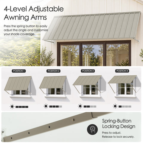 Kozyard 122 inch adjustable metal awning featuring four level adjustable support arms with a spring button locking mechanism for customized shade coverage. Easily change the awning angle to control sunlight exposure and outdoor protection. This wall mounted metal canopy is ideal for patio doors, windows, residential entryways, commercial storefronts, and outdoor sun shade applications requiring flexible canopy positioning.