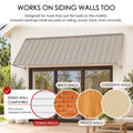 Kozyard 122 inch wall mounted metal awning designed for installation on siding, wood, brick, and concrete walls with appropriate mounting hardware. Features adjustable support brackets that accommodate various exterior wall surfaces, including uneven siding. This durable outdoor door canopy is suitable for residential entrances, patio doors, windows, commercial storefronts, and exterior rain and sun protection applications.
