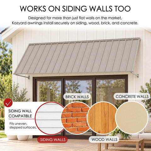Kozyard 122 inch wall mounted metal awning designed for installation on siding, wood, brick, and concrete walls with appropriate mounting hardware. Features adjustable support brackets that accommodate various exterior wall surfaces, including uneven siding. This durable outdoor door canopy is suitable for residential entrances, patio doors, windows, commercial storefronts, and exterior rain and sun protection applications.