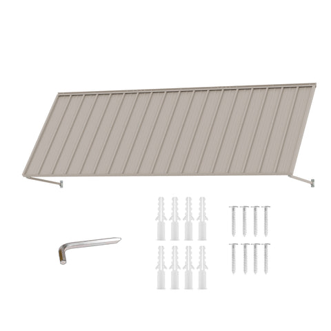 Kozyard 122 inch metal awning product display showing the durable outdoor canopy with adjustable support arms and included installation hardware. Package features mounting screws, expansion anchors, and an installation tool for wall mounting. This 10 FT exterior metal awning is designed for doorways, windows, patios, garages, and commercial storefronts, providing a practical outdoor sun shade and rain protection solution.