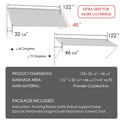 Kozyard 122 inch metal awning dimensions showing a 10 FT wide outdoor canopy with a 48 inch deep roof panel and adjustable projection from 32 7/8 to 46 5/8 inches. Features powder coated iron construction, adjustable mounting angles from 40 to 70 degrees, and approximately 41 square feet of shade coverage. Ideal for wall mounted door awnings, window canopies, patio covers, and commercial entrance protection.
