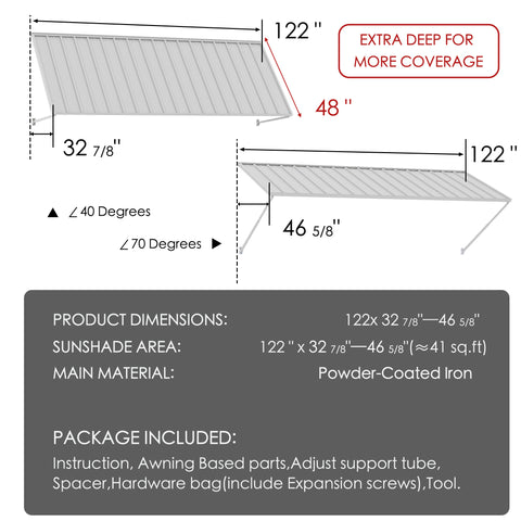 Kozyard 122 inch metal awning dimensions showing a 10 FT wide outdoor canopy with a 48 inch deep roof panel and adjustable projection from 32 7/8 to 46 5/8 inches. Features powder coated iron construction, adjustable mounting angles from 40 to 70 degrees, and approximately 41 square feet of shade coverage. Ideal for wall mounted door awnings, window canopies, patio covers, and commercial entrance protection.