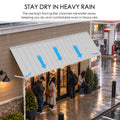 Kozyard 122 inch metal awning featuring a built in front gutter designed to channel rainwater away from commercial storefront entrances and outdoor walkways. This wall mounted rain canopy helps provide overhead protection during heavy rainfall while reducing water runoff directly above doorways. Ideal for waterproof-style outdoor awning applications, metal door canopies, storefront rain shelters, and exterior entrance covers.