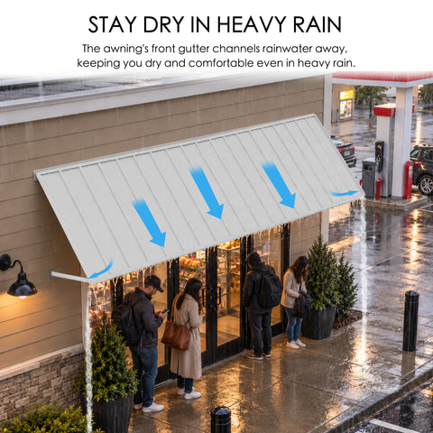 Kozyard 122 inch metal awning featuring a built in front gutter designed to channel rainwater away from commercial storefront entrances and outdoor walkways. This wall mounted rain canopy helps provide overhead protection during heavy rainfall while reducing water runoff directly above doorways. Ideal for waterproof-style outdoor awning applications, metal door canopies, storefront rain shelters, and exterior entrance covers.