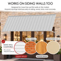 Kozyard 122 inch wall mounted metal awning designed for installation on siding, wood, brick, and concrete walls with appropriate mounting hardware. Features adjustable support brackets that accommodate various exterior wall surfaces, including uneven siding. This durable outdoor door canopy is suitable for residential entrances, patio doors, windows, commercial storefronts, and exterior rain and sun protection applications.