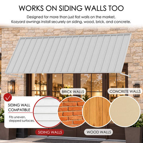 Kozyard 122 inch wall mounted metal awning designed for installation on siding, wood, brick, and concrete walls with appropriate mounting hardware. Features adjustable support brackets that accommodate various exterior wall surfaces, including uneven siding. This durable outdoor door canopy is suitable for residential entrances, patio doors, windows, commercial storefronts, and exterior rain and sun protection applications.