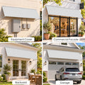 Kozyard 122 inch metal awning shown in multiple outdoor applications including equipment covers, commercial storefront facades, backyard patio entrances, and garage door canopies. This versatile wall mounted outdoor awning provides overhead shade and weather protection for residential and commercial buildings. Ideal for exterior door covers, window awnings, garage entrance shelters, utility equipment protection, and patio shade solutions.