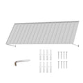 Kozyard 122 inch metal awning product display showing the durable outdoor canopy with adjustable support arms and included installation hardware. Package features mounting screws, expansion anchors, and an installation tool for wall mounting. This 10 FT exterior metal awning is designed for doorways, windows, patios, garages, and commercial storefronts, providing a practical outdoor sun shade and rain protection solution.