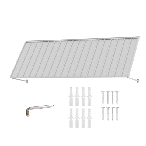 Kozyard 122 inch metal awning product display showing the durable outdoor canopy with adjustable support arms and included installation hardware. Package features mounting screws, expansion anchors, and an installation tool for wall mounting. This 10 FT exterior metal awning is designed for doorways, windows, patios, garages, and commercial storefronts, providing a practical outdoor sun shade and rain protection solution.