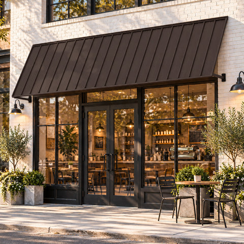 Kozyard 135 inch metal awning installed above a commercial cafe storefront entrance, featuring a durable wall mounted outdoor canopy with a wide metal roof panel and adjustable support arms. This 11.25 FT exterior door awning provides overhead shade and rain protection for business entrances, storefront windows, and outdoor walkways. Ideal for commercial storefront awnings, restaurant entrance canopies, residential door covers, and patio shade solutions.