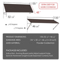 Kozyard 135 inch metal awning dimension diagram showing an 11.25 FT wide wall mounted outdoor canopy with a 48 inch deep roof panel and adjustable projection from 32 7/8 to 46 5/8 inches. Features powder coated iron construction, adjustable mounting angles from 40 to 70 degrees, and approximately 43 square feet of sunshade coverage. Suitable for exterior door awnings, window canopies, patio shade covers, and commercial entrance shelters.