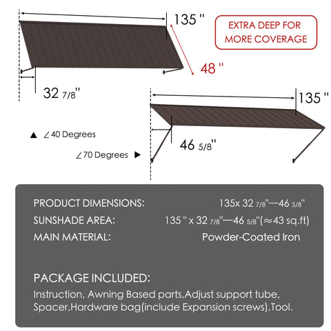 Kozyard 135 inch metal awning dimension diagram showing an 11.25 FT wide wall mounted outdoor canopy with a 48 inch deep roof panel and adjustable projection from 32 7/8 to 46 5/8 inches. Features powder coated iron construction, adjustable mounting angles from 40 to 70 degrees, and approximately 43 square feet of sunshade coverage. Suitable for exterior door awnings, window canopies, patio shade covers, and commercial entrance shelters.