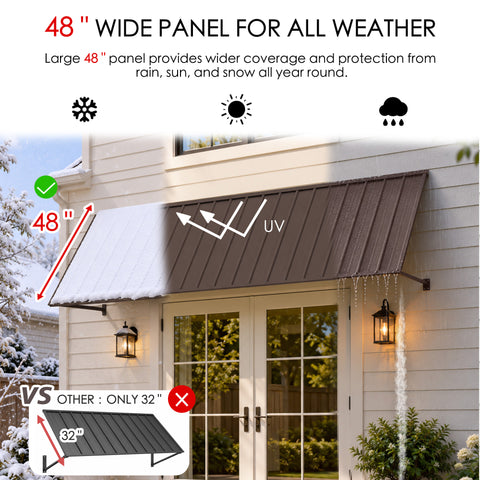 Kozyard 135 inch metal awning featuring an extra deep 48 inch roof panel designed to provide extended coverage against sun, rain, and snow. The illustrated outdoor canopy demonstrates year round weather protection with a wide roof surface that offers greater coverage than standard 32 inch deep awnings. Ideal for residential door canopies, patio entrance covers, window sun shades, commercial storefront awnings, and exterior rain protection.