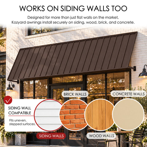 Kozyard 135 inch wall mounted metal awning designed for installation on siding, brick, wood, and concrete walls using appropriate mounting hardware. The illustrated commercial storefront installation highlights compatibility with different exterior wall surfaces, including uneven siding. This durable outdoor canopy is suitable for residential entrances, patio doors, windows, business storefronts, and exterior shade or rain protection applications.