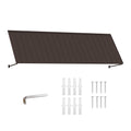 Kozyard 135 inch metal awning product display featuring a wide corrugated metal canopy, adjustable support arms, and included installation accessories. The package includes mounting screws, expansion anchors, and an installation tool for wall mounting. Designed for residential and commercial applications, this 11.25 FT outdoor awning provides practical overhead coverage for doorways, windows, patios, garage entrances, and storefronts.
