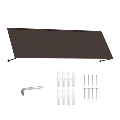 Kozyard 135 inch metal awning product display featuring a wide corrugated metal canopy, adjustable support arms, and included installation accessories. The package includes mounting screws, expansion anchors, and an installation tool for wall mounting. Designed for residential and commercial applications, this 11.25 FT outdoor awning provides practical overhead coverage for doorways, windows, patios, garage entrances, and storefronts.