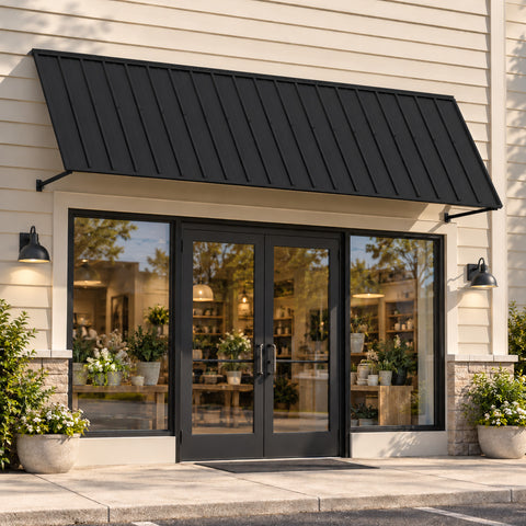 Kozyard 135 inch metal awning installed above a commercial cafe storefront entrance, featuring a durable wall mounted outdoor canopy with a wide metal roof panel and adjustable support arms. This 11.25 FT exterior door awning provides overhead shade and rain protection for business entrances, storefront windows, and outdoor walkways. Ideal for commercial storefront awnings, restaurant entrance canopies, residential door covers, and patio shade solutions.