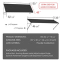 Kozyard 135 inch metal awning dimension diagram showing an 11.25 FT wide wall mounted outdoor canopy with a 48 inch deep roof panel and adjustable projection from 32 7/8 to 46 5/8 inches. Features powder coated iron construction, adjustable mounting angles from 40 to 70 degrees, and approximately 43 square feet of sunshade coverage. Suitable for exterior door awnings, window canopies, patio shade covers, and commercial entrance shelters.
