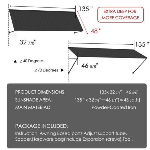 Kozyard 135 inch metal awning dimension diagram showing an 11.25 FT wide wall mounted outdoor canopy with a 48 inch deep roof panel and adjustable projection from 32 7/8 to 46 5/8 inches. Features powder coated iron construction, adjustable mounting angles from 40 to 70 degrees, and approximately 43 square feet of sunshade coverage. Suitable for exterior door awnings, window canopies, patio shade covers, and commercial entrance shelters.