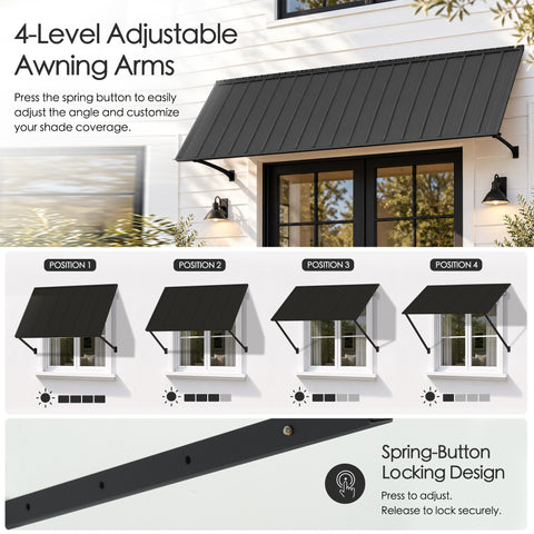 Kozyard 135 inch heavy duty metal awning featuring enhanced center support rods and reinforced adjustable support arms for improved structural stability. The underside view highlights the sturdy powder coated iron construction and additional support system designed to strengthen the wide outdoor canopy. Ideal for wall mounted door awnings, commercial storefront covers, residential window canopies, and patio shade structures requiring dependable exterior support.