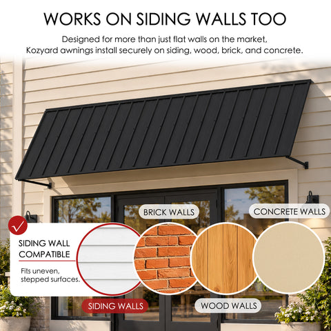 Kozyard 135 inch wall mounted metal awning designed for installation on siding, brick, wood, and concrete walls using appropriate mounting hardware. The illustrated commercial storefront installation highlights compatibility with different exterior wall surfaces, including uneven siding. This durable outdoor canopy is suitable for residential entrances, patio doors, windows, business storefronts, and exterior shade or rain protection applications.