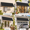 Kozyard 135 inch metal awning displayed in four outdoor installation settings including utility equipment protection, commercial storefront facades, backyard patio entrances, and garage door covers. This versatile wall mounted outdoor canopy provides overhead shade and weather protection for residential and commercial properties. Ideal for exterior door awnings, window rain covers, garage entrance shelters, patio shade solutions, and equipment canopies.