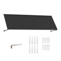 Kozyard 135 inch metal awning product display featuring a wide corrugated metal canopy, adjustable support arms, and included installation accessories. The package includes mounting screws, expansion anchors, and an installation tool for wall mounting. Designed for residential and commercial applications, this 11.25 FT outdoor awning provides practical overhead coverage for doorways, windows, patios, garage entrances, and storefronts.