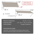 Kozyard 135 inch metal awning dimension diagram showing an 11.25 FT wide wall mounted outdoor canopy with a 48 inch deep roof panel and adjustable projection from 32 7/8 to 46 5/8 inches. Features powder coated iron construction, adjustable mounting angles from 40 to 70 degrees, and approximately 43 square feet of sunshade coverage. Suitable for exterior door awnings, window canopies, patio shade covers, and commercial entrance shelters.