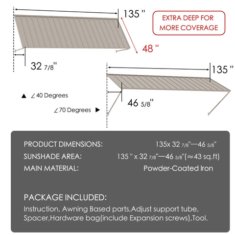 Kozyard 135 inch metal awning dimension diagram showing an 11.25 FT wide wall mounted outdoor canopy with a 48 inch deep roof panel and adjustable projection from 32 7/8 to 46 5/8 inches. Features powder coated iron construction, adjustable mounting angles from 40 to 70 degrees, and approximately 43 square feet of sunshade coverage. Suitable for exterior door awnings, window canopies, patio shade covers, and commercial entrance shelters.