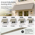 Kozyard 135 inch adjustable metal awning featuring four level adjustable support arms with a spring button locking mechanism for customized shade coverage. The illustrated positions demonstrate how the canopy angle can be adjusted to accommodate different sunlight conditions. This wall mounted outdoor awning is suitable for patio doors, residential windows, commercial storefront entrances, and exterior shade applications requiring flexible positioning.