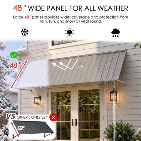 Kozyard 135 inch metal awning featuring an extra deep 48 inch roof panel designed to provide extended coverage against sun, rain, and snow. The illustrated outdoor canopy demonstrates year round weather protection with a wide roof surface that offers greater coverage than standard 32 inch deep awnings. Ideal for residential door canopies, patio entrance covers, window sun shades, commercial storefront awnings, and exterior rain protection.