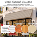 Kozyard 135 inch wall mounted metal awning designed for installation on siding, brick, wood, and concrete walls using appropriate mounting hardware. The illustrated commercial storefront installation highlights compatibility with different exterior wall surfaces, including uneven siding. This durable outdoor canopy is suitable for residential entrances, patio doors, windows, business storefronts, and exterior shade or rain protection applications.