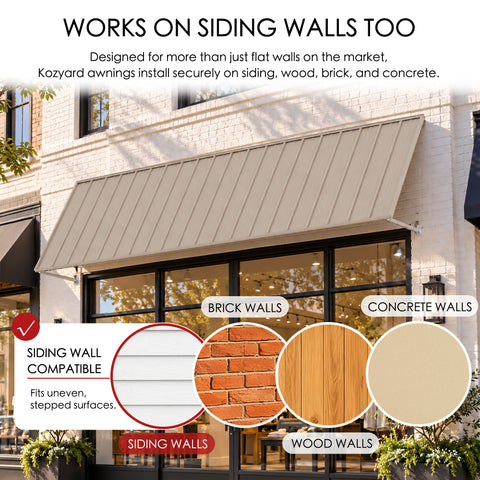 Kozyard 135 inch wall mounted metal awning designed for installation on siding, brick, wood, and concrete walls using appropriate mounting hardware. The illustrated commercial storefront installation highlights compatibility with different exterior wall surfaces, including uneven siding. This durable outdoor canopy is suitable for residential entrances, patio doors, windows, business storefronts, and exterior shade or rain protection applications.