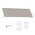 Kozyard 135 inch metal awning product display featuring a wide corrugated metal canopy, adjustable support arms, and included installation accessories. The package includes mounting screws, expansion anchors, and an installation tool for wall mounting. Designed for residential and commercial applications, this 11.25 FT outdoor awning provides practical overhead coverage for doorways, windows, patios, garage entrances, and storefronts.