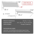 Kozyard 135 inch metal awning dimension diagram showing an 11.25 FT wide wall mounted outdoor canopy with a 48 inch deep roof panel and adjustable projection from 32 7/8 to 46 5/8 inches. Features powder coated iron construction, adjustable mounting angles from 40 to 70 degrees, and approximately 43 square feet of sunshade coverage. Suitable for exterior door awnings, window canopies, patio shade covers, and commercial entrance shelters.