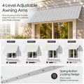 Kozyard 135 inch adjustable metal awning featuring four level adjustable support arms with a spring button locking mechanism for customized shade coverage. The illustrated positions demonstrate how the canopy angle can be adjusted to accommodate different sunlight conditions. This wall mounted outdoor awning is suitable for patio doors, residential windows, commercial storefront entrances, and exterior shade applications requiring flexible positioning.