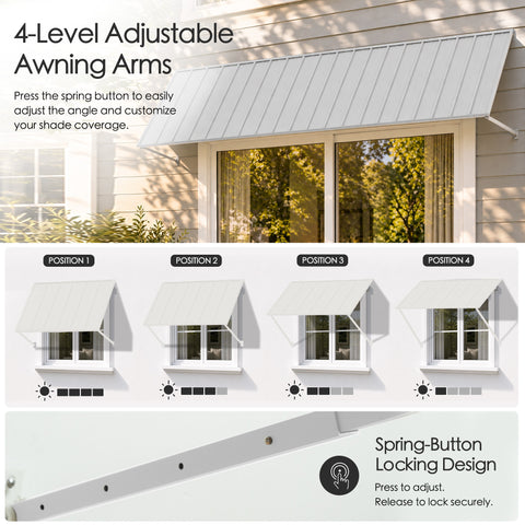 Kozyard 135 inch adjustable metal awning featuring four level adjustable support arms with a spring button locking mechanism for customized shade coverage. The illustrated positions demonstrate how the canopy angle can be adjusted to accommodate different sunlight conditions. This wall mounted outdoor awning is suitable for patio doors, residential windows, commercial storefront entrances, and exterior shade applications requiring flexible positioning.