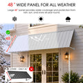 Kozyard 135 inch metal awning featuring an extra deep 48 inch roof panel designed to provide extended coverage against sun, rain, and snow. The illustrated outdoor canopy demonstrates year round weather protection with a wide roof surface that offers greater coverage than standard 32 inch deep awnings. Ideal for residential door canopies, patio entrance covers, window sun shades, commercial storefront awnings, and exterior rain protection.