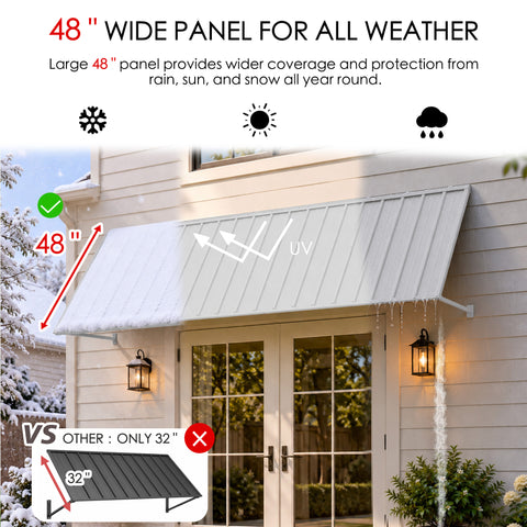 Kozyard 135 inch metal awning featuring an extra deep 48 inch roof panel designed to provide extended coverage against sun, rain, and snow. The illustrated outdoor canopy demonstrates year round weather protection with a wide roof surface that offers greater coverage than standard 32 inch deep awnings. Ideal for residential door canopies, patio entrance covers, window sun shades, commercial storefront awnings, and exterior rain protection.