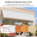 Kozyard 135 inch wall mounted metal awning designed for installation on siding, brick, wood, and concrete walls using appropriate mounting hardware. The illustrated commercial storefront installation highlights compatibility with different exterior wall surfaces, including uneven siding. This durable outdoor canopy is suitable for residential entrances, patio doors, windows, business storefronts, and exterior shade or rain protection applications.