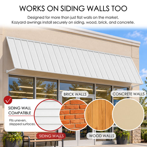 Kozyard 135 inch wall mounted metal awning designed for installation on siding, brick, wood, and concrete walls using appropriate mounting hardware. The illustrated commercial storefront installation highlights compatibility with different exterior wall surfaces, including uneven siding. This durable outdoor canopy is suitable for residential entrances, patio doors, windows, business storefronts, and exterior shade or rain protection applications.