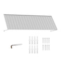 Kozyard 135 inch metal awning product display featuring a wide corrugated metal canopy, adjustable support arms, and included installation accessories. The package includes mounting screws, expansion anchors, and an installation tool for wall mounting. Designed for residential and commercial applications, this 11.25 FT outdoor awning provides practical overhead coverage for doorways, windows, patios, garage entrances, and storefronts.